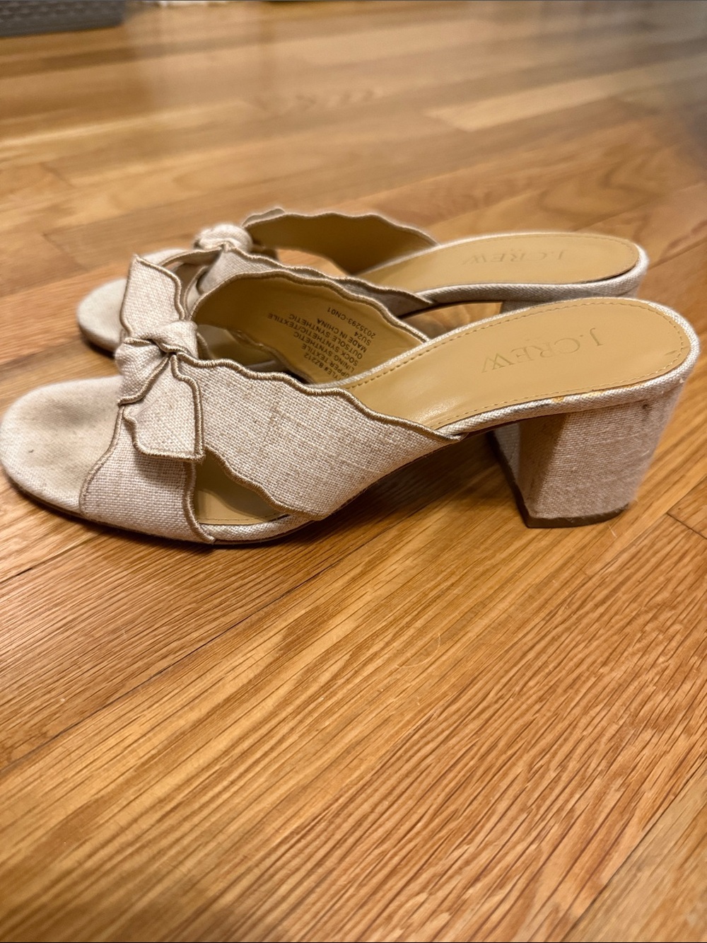 J. Crew Neutral Linen Knot Scallop Block Heel Sandals